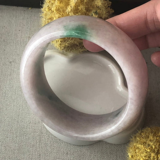 60mm Light Pink Lavender Green Float Flowers Moss D-Shaped Jadeite Jade Bangle