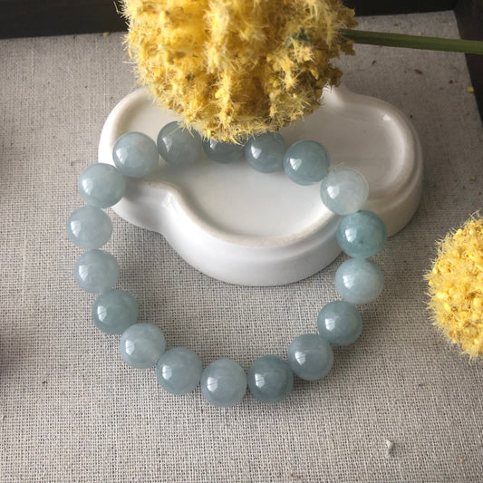 11 mm Icy Sky Blue Green Float Flowers Jade Jadeite Bead Bracelet