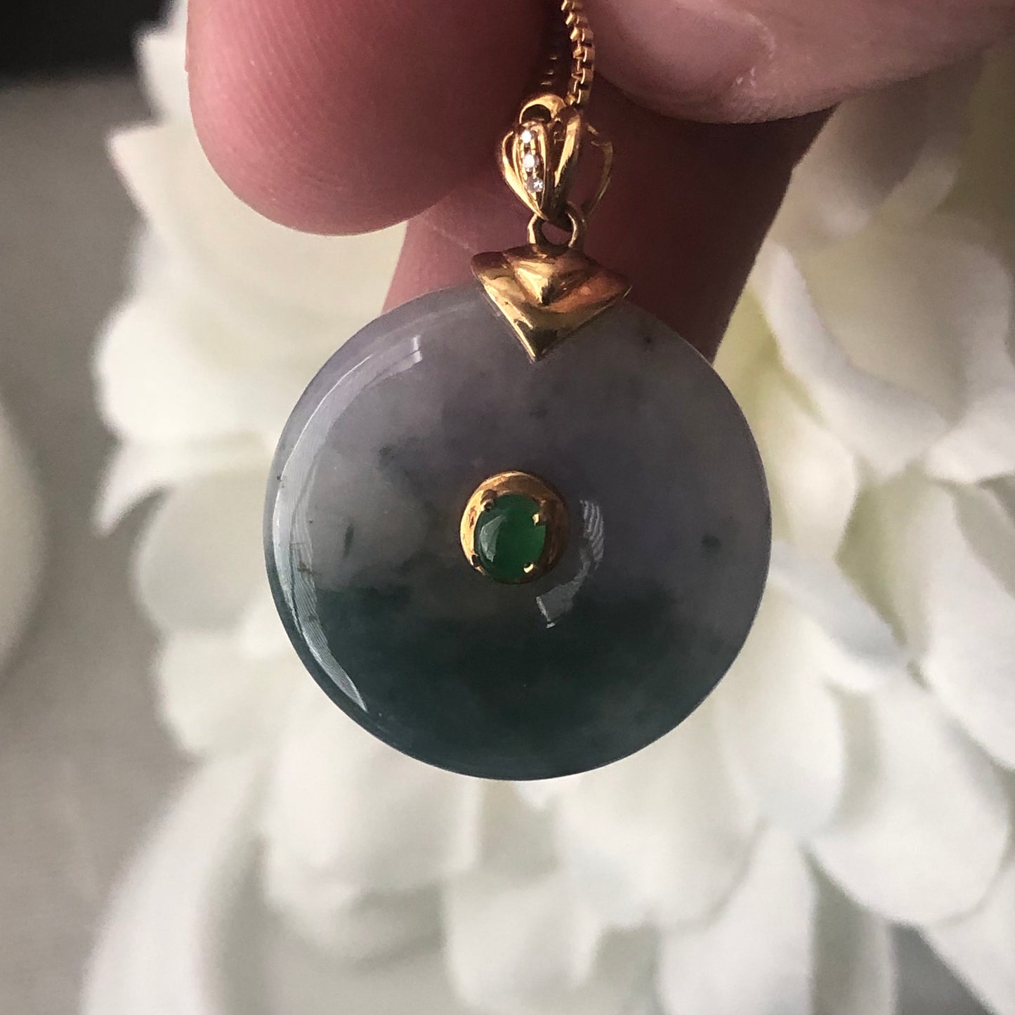 18K 20mm Jadeite Jade Lavender Green Float Flowers Donut Pendant Diamonds