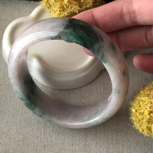 58mm Light Pink Lavender Green Float Flowers Moss D-shaped Jadeite Jade Bangle