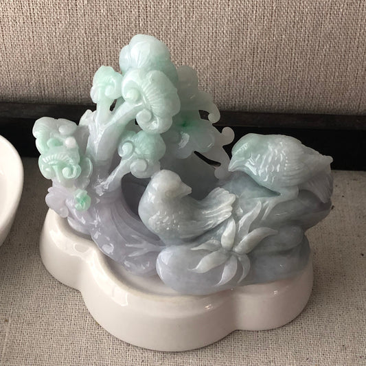 91mm Light Lavender Green Jadeite Jade Carved Dual Bird and Ruyi Cloud Tree Display Statue