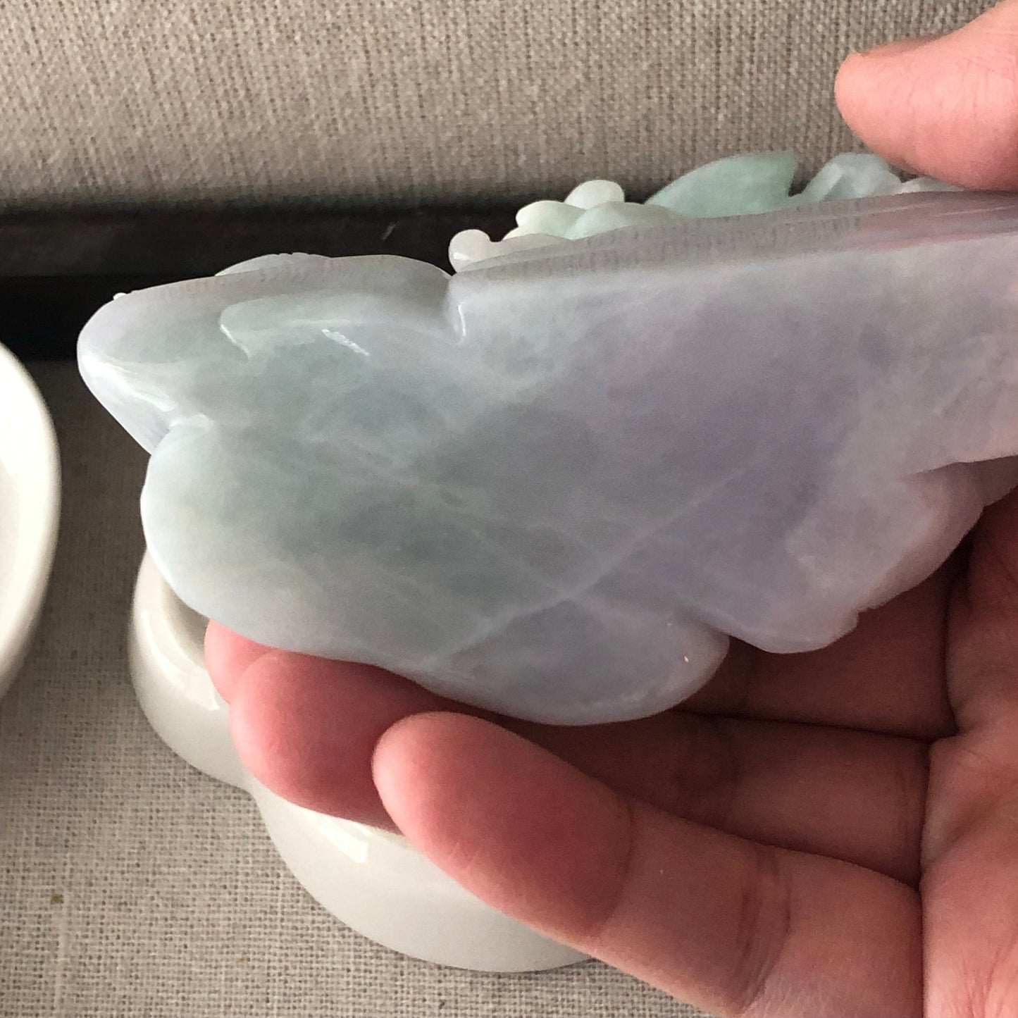 91mm Light Lavender Green Jadeite Jade Carved Dual Bird and Ruyi Cloud Tree Display Statue