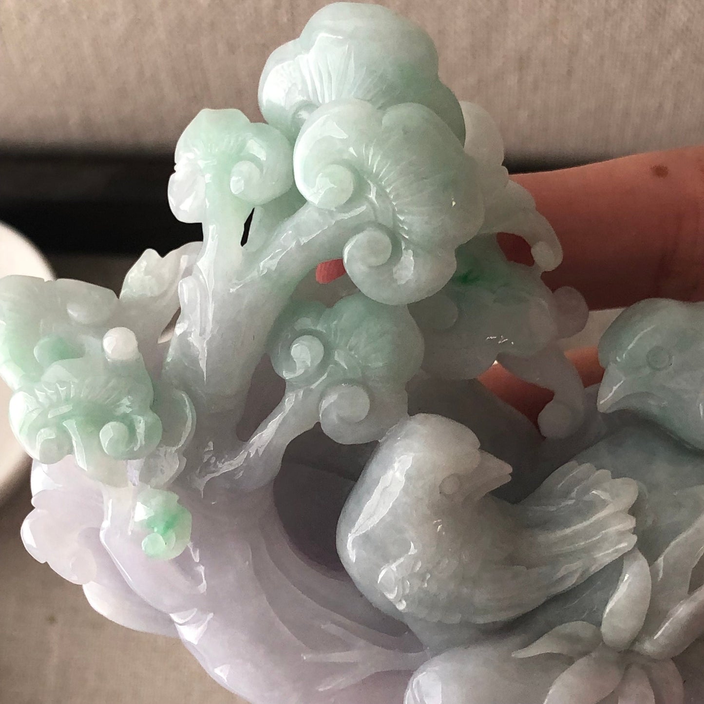 91mm Light Lavender Green Jadeite Jade Carved Dual Bird and Ruyi Cloud Tree Display Statue