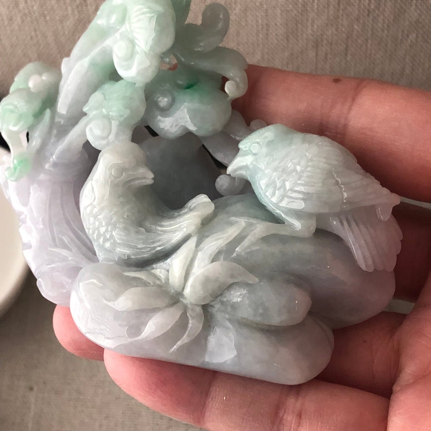 91mm Light Lavender Green Jadeite Jade Carved Dual Bird and Ruyi Cloud Tree Display Statue