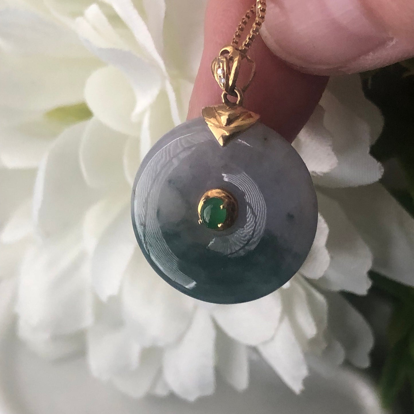 18K 20mm Jadeite Jade Lavender Green Float Flowers Donut Pendant Diamonds