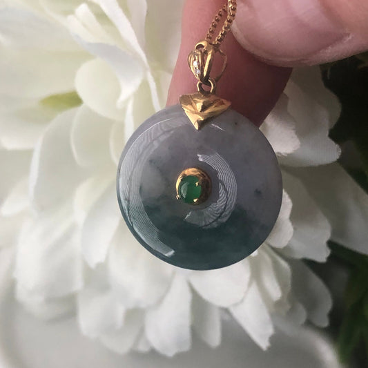 18K 20mm Jadeite Jade Lavender Green Float Flowers Donut Pendant Diamonds