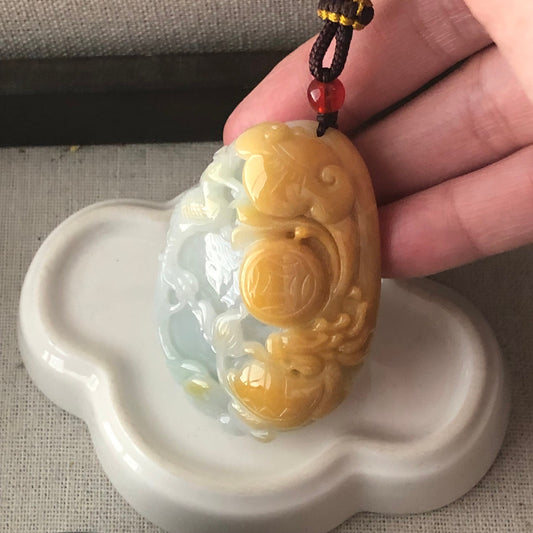 53mm Icy Yellow Brown Jadeite Jade Ruyi Cloud Carved Flower Bird Pendant