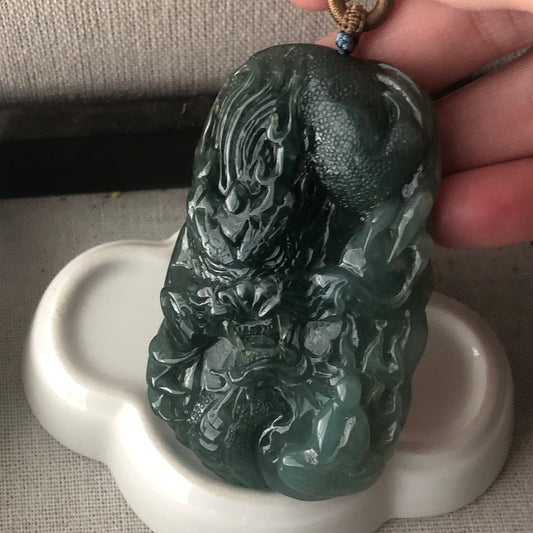73mm Jadeite Jade Icy Green carved dragon Pendant