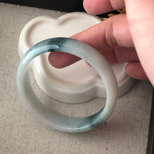 55mm Icy Blue Green Float Flowers Jadeite Jade Bangle