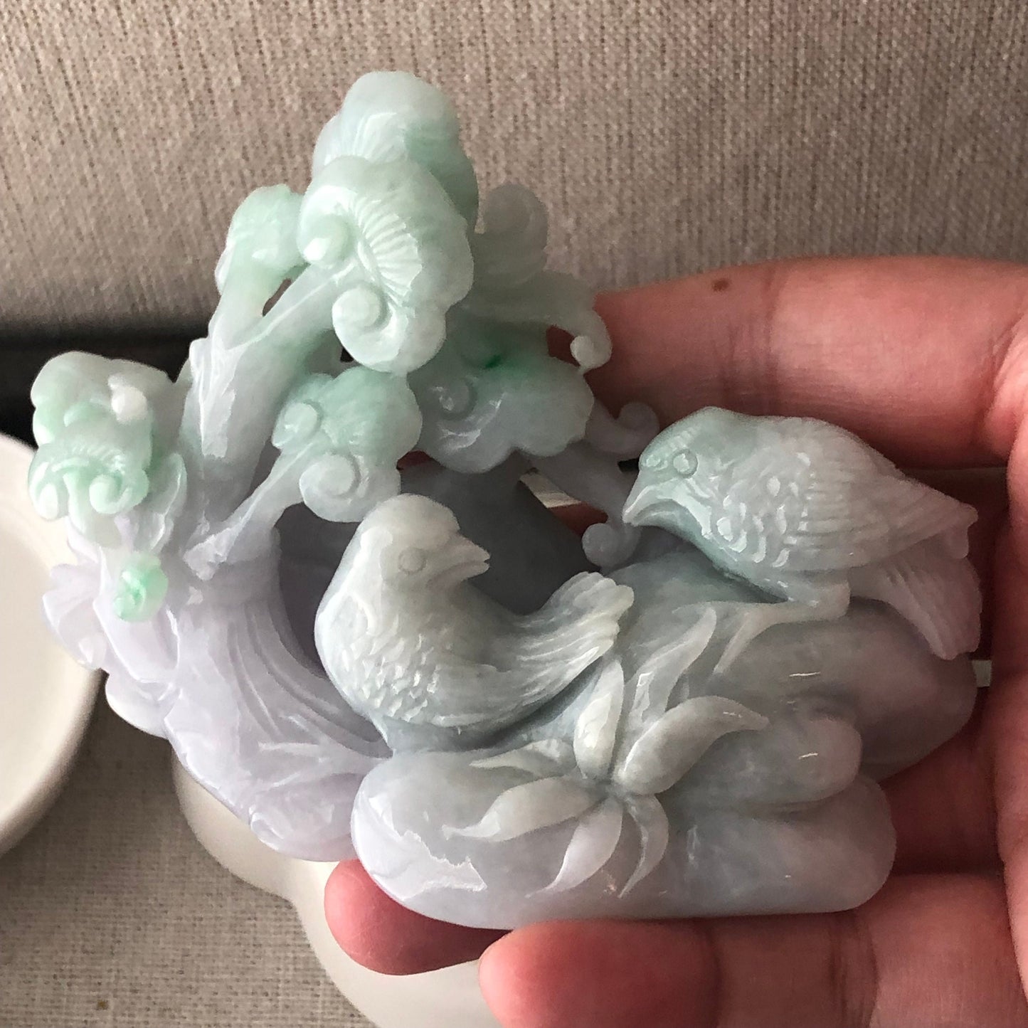 91mm Light Lavender Green Jadeite Jade Carved Dual Bird and Ruyi Cloud Tree Display Statue