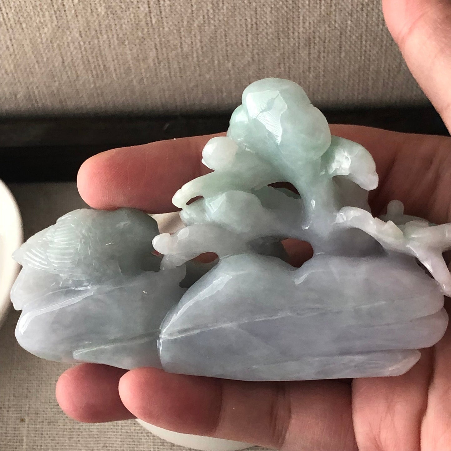 91mm Light Lavender Green Jadeite Jade Carved Dual Bird and Ruyi Cloud Tree Display Statue