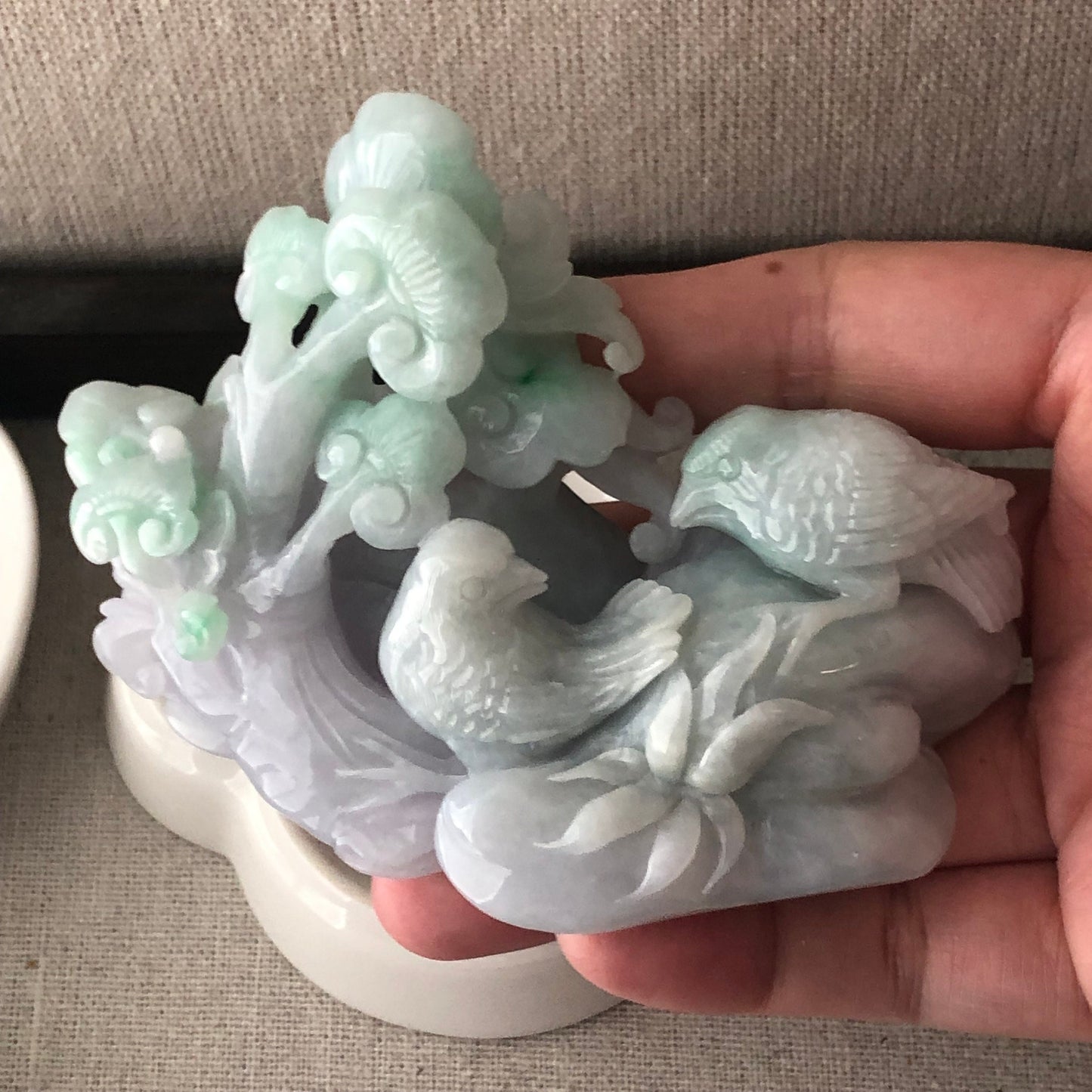 91mm Light Lavender Green Jadeite Jade Carved Dual Bird and Ruyi Cloud Tree Display Statue
