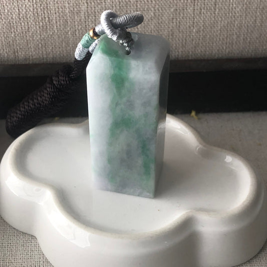 49mm Jadeite Jade Wuji Green Float Flowers Statue Display Stamp Pendant