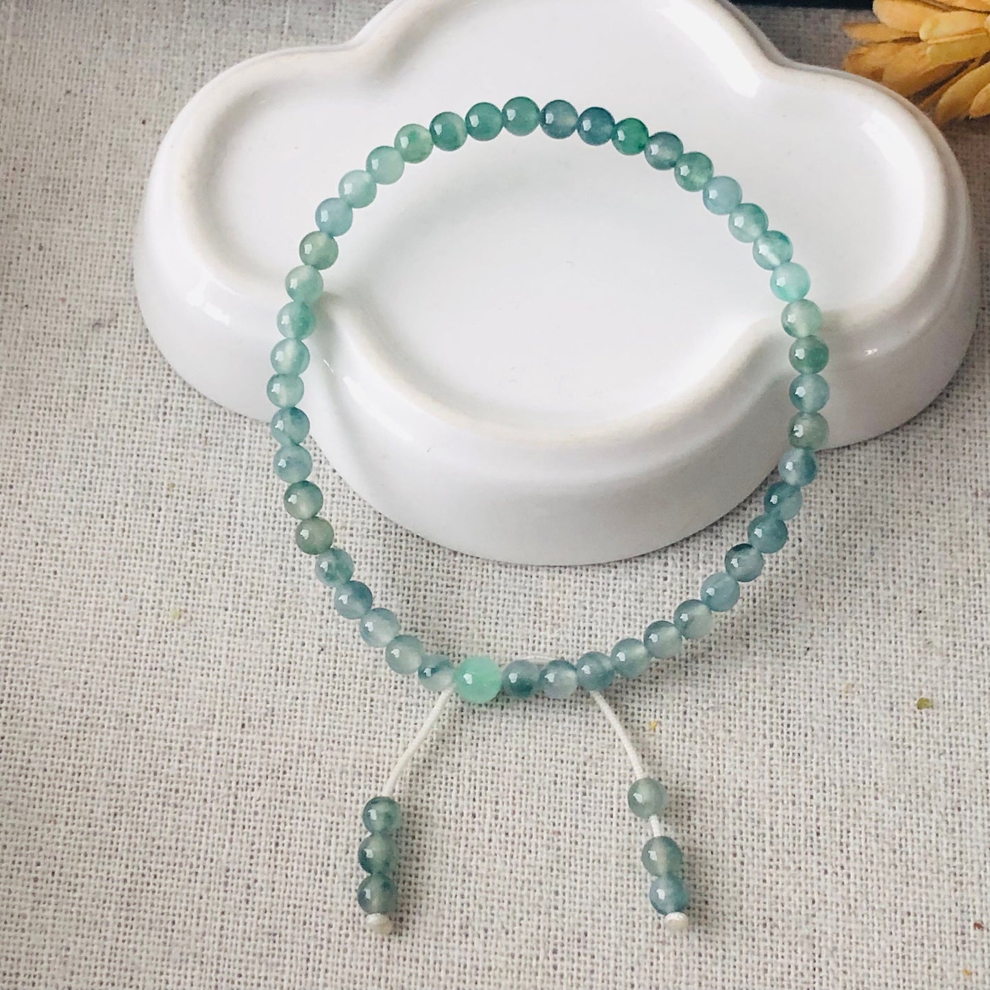 4mm RARE Icy Glossy Tint Green Float Flowers Jadeite Jade Bead Bracelet