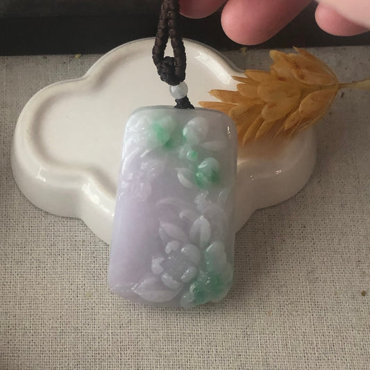 56 mm Light Lavender Green Jadeite Jade Carved Landscape Flower Pendant