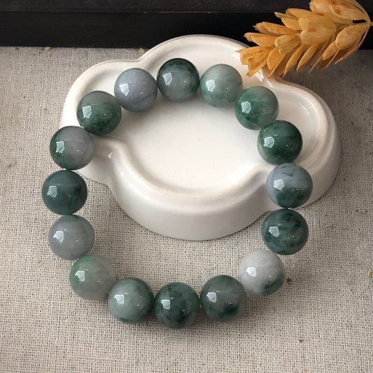 13.6mm Jade Jadeite Icy Green Float Flowers  Bead Bracelet