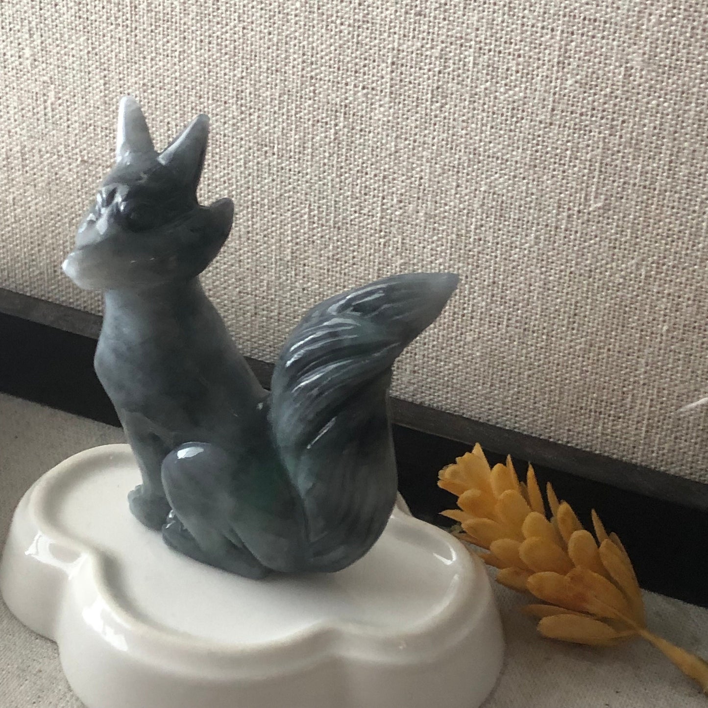 77mm Wuji Green Jadeite Jade Carved Foxtail Kitsune Display Statue
