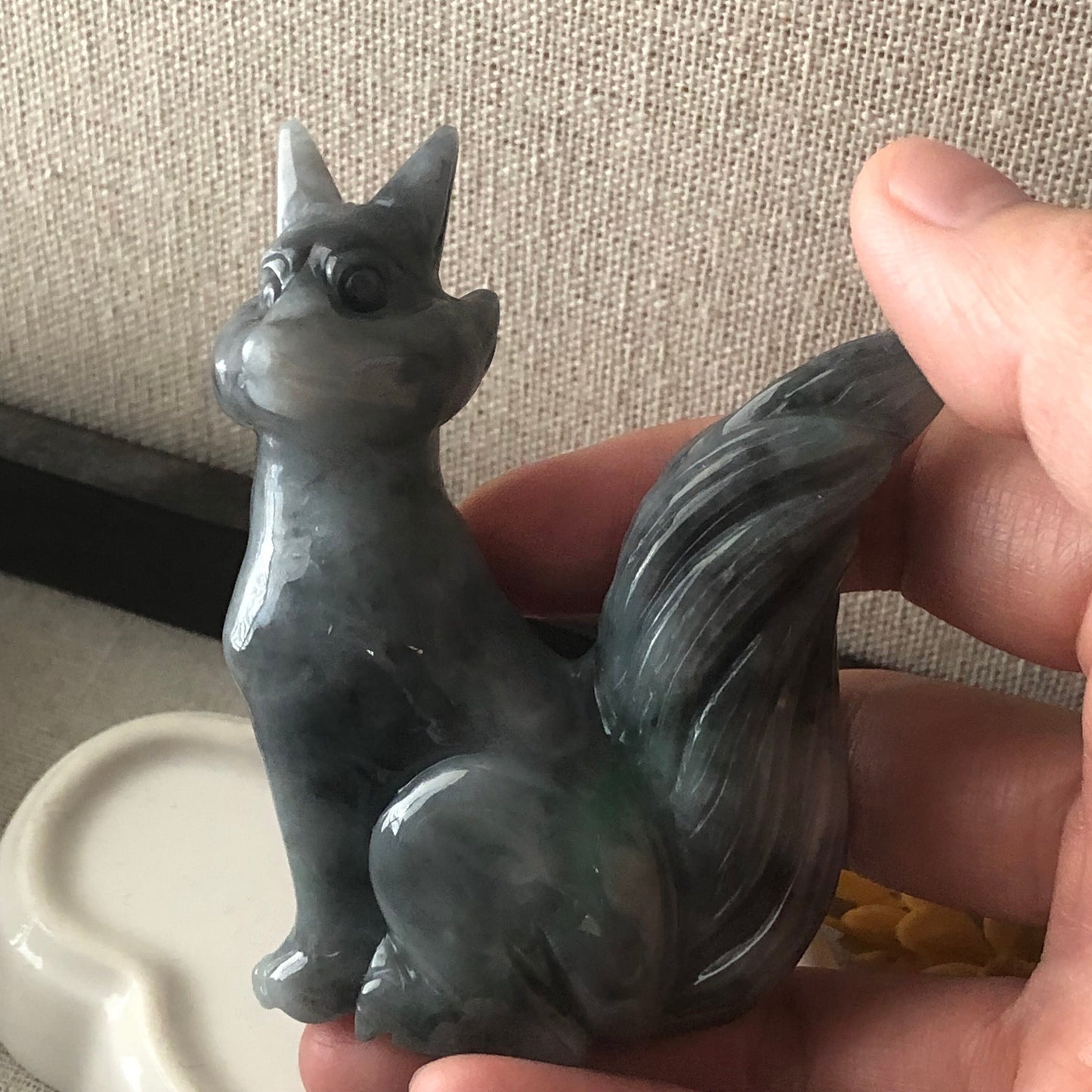 77mm Wuji Green Jadeite Jade Carved Foxtail Kitsune Display Statue