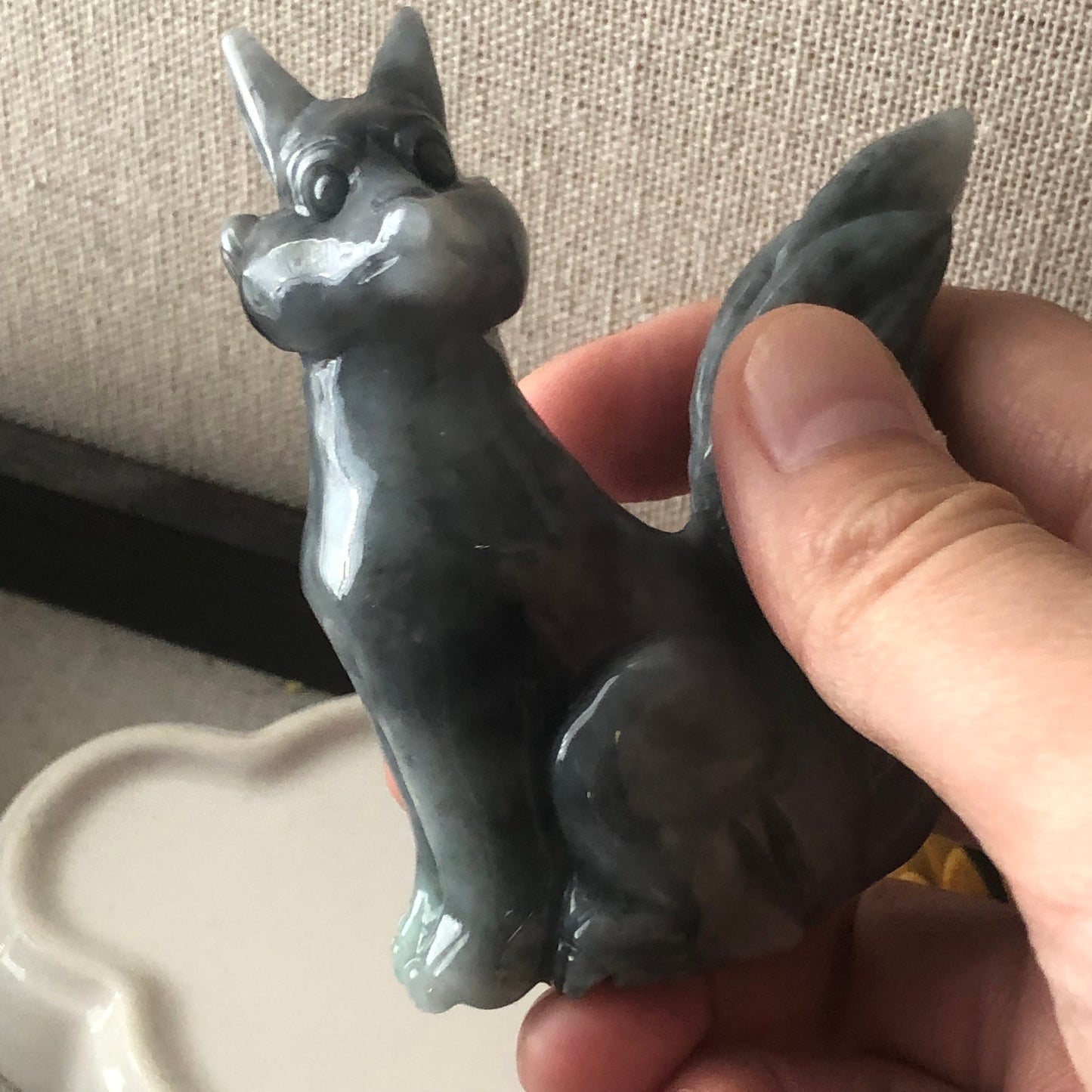 77mm Wuji Green Jadeite Jade Carved Foxtail Kitsune Display Statue