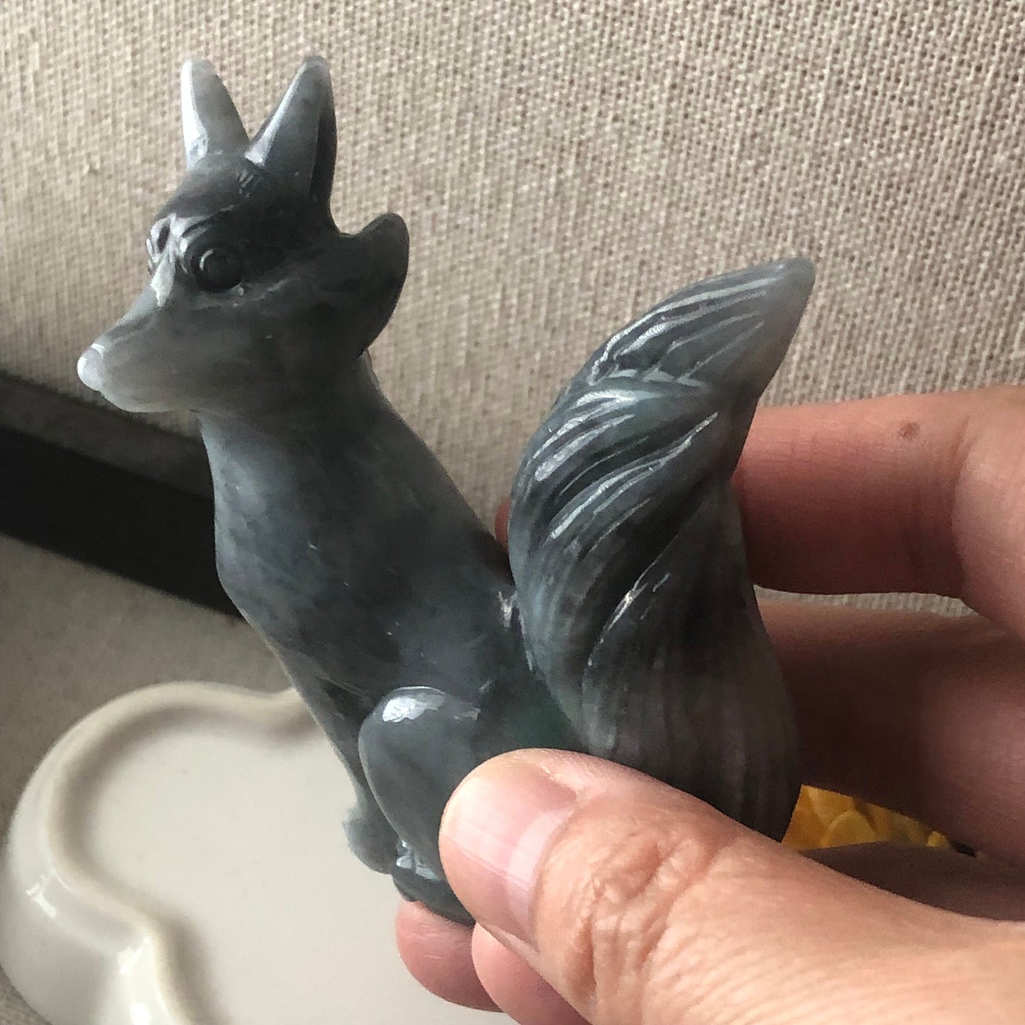 77mm Wuji Green Jadeite Jade Carved Foxtail Kitsune Display Statue