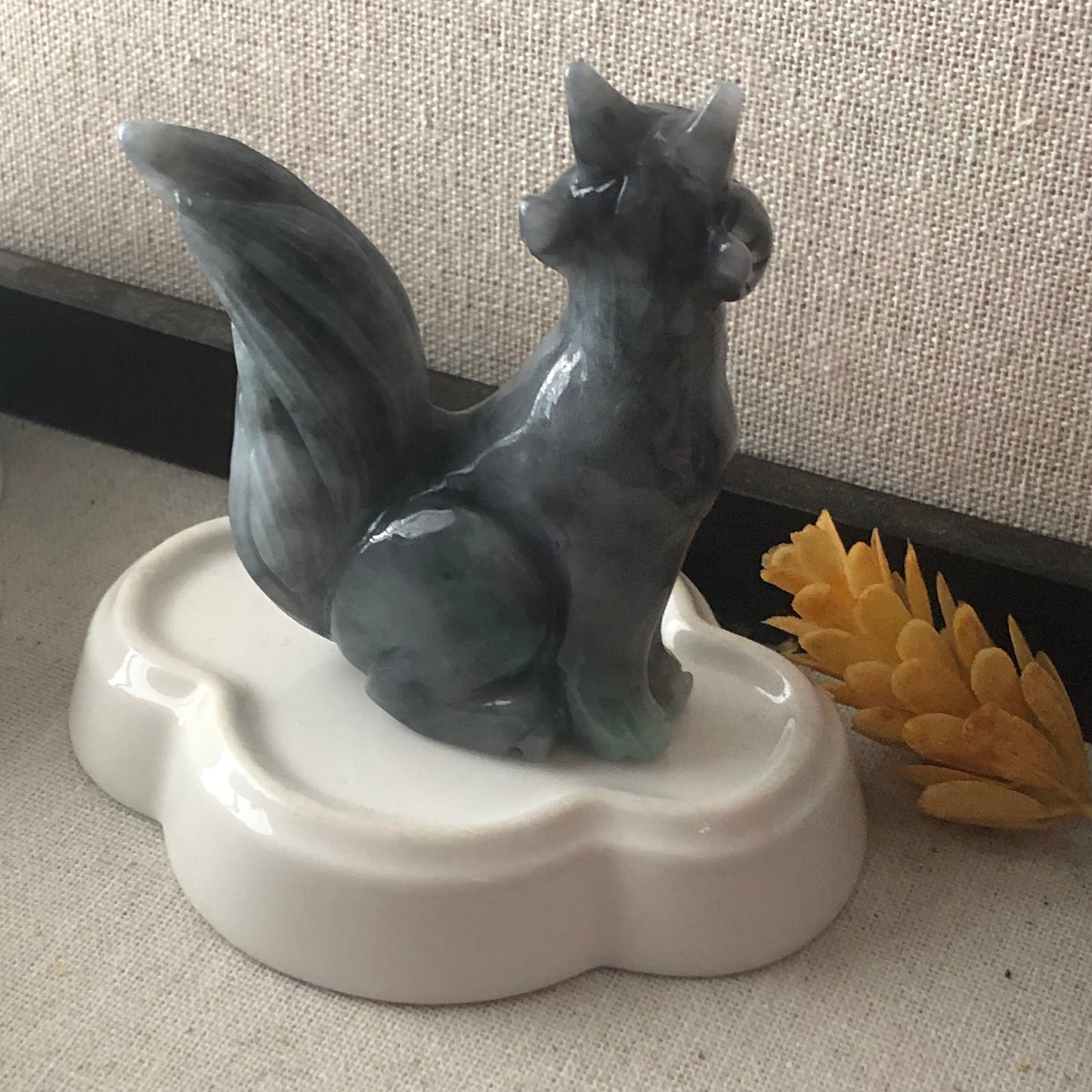 77mm Wuji Green Jadeite Jade Carved Foxtail Kitsune Display Statue