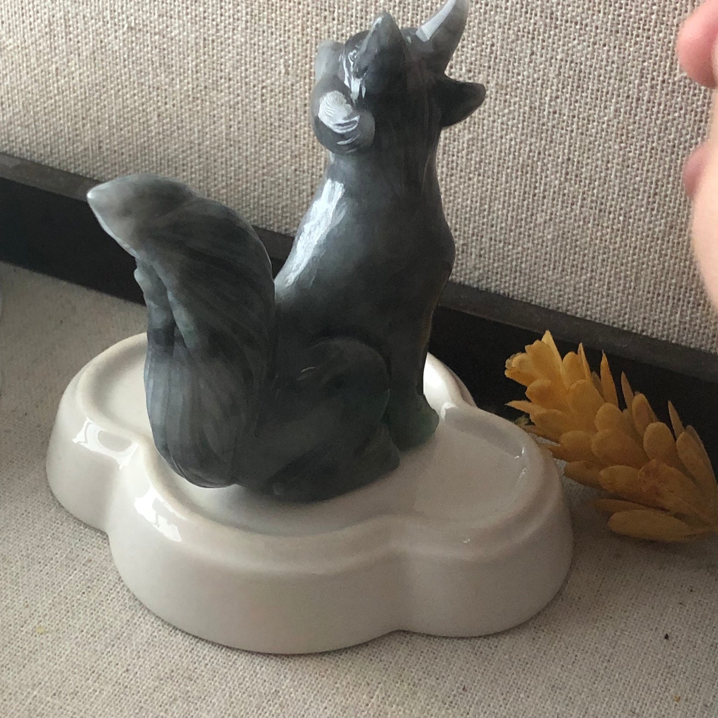 77mm Wuji Green Jadeite Jade Carved Foxtail Kitsune Display Statue