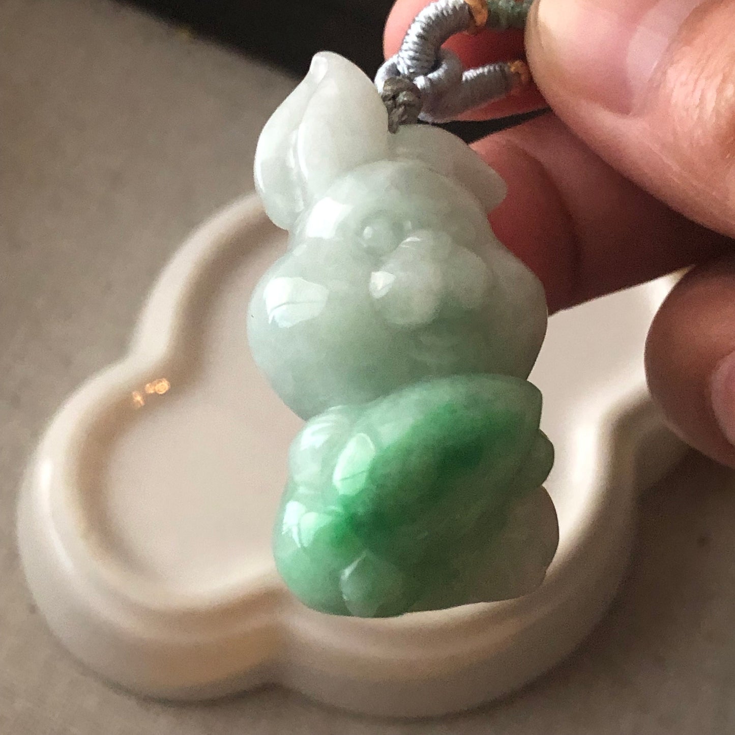 41mm Icy Glossy Green Bunny Jadeite Jade Carved Rabbit Pendant