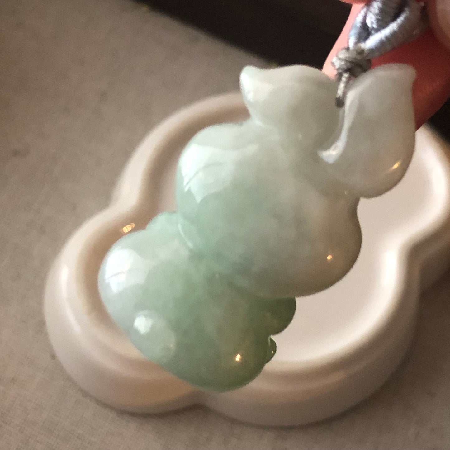 41mm Icy Glossy Green Bunny Jadeite Jade Carved Rabbit Pendant