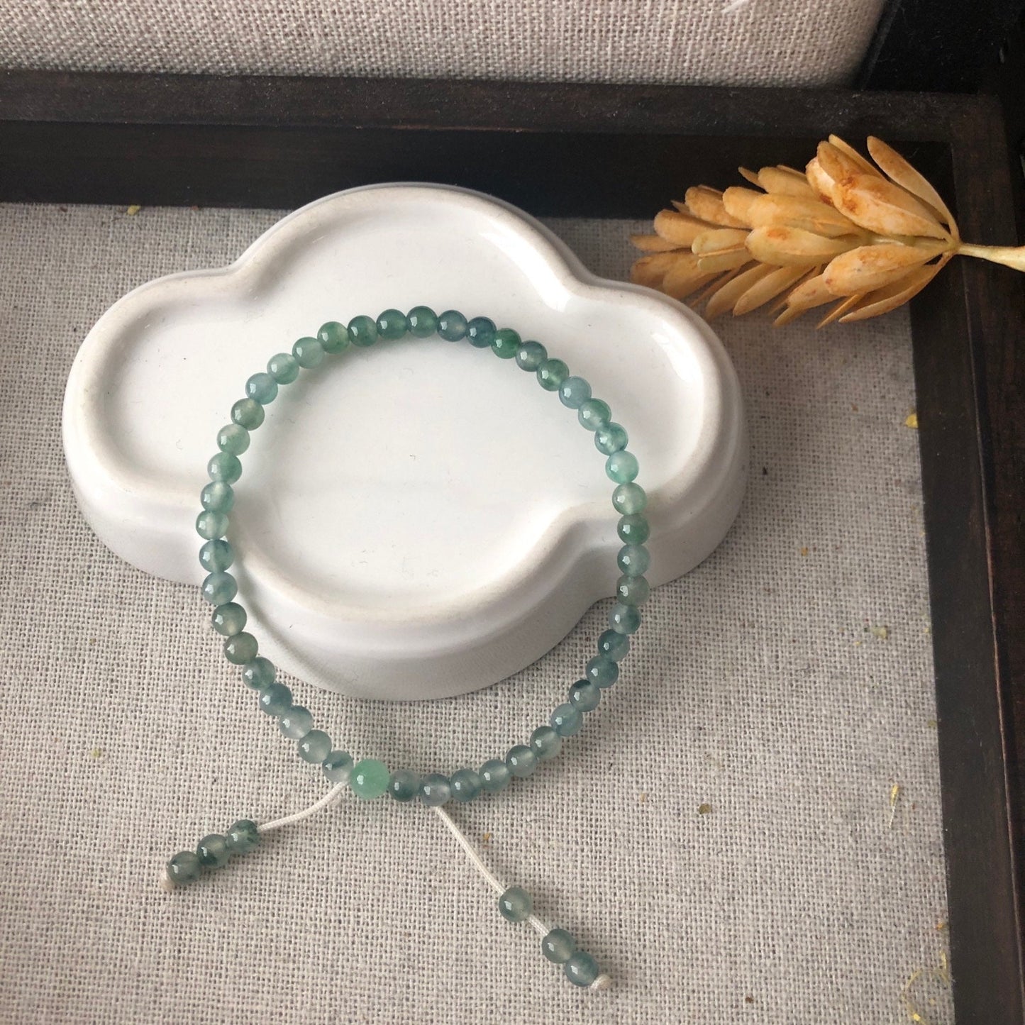 4mm RARE Icy Glossy Tint Green Float Flowers Jadeite Jade Bead Bracelet