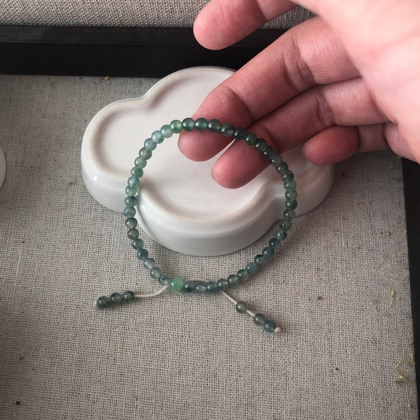 4mm RARE Icy Glossy Tint Green Float Flowers Jadeite Jade Bead Bracelet
