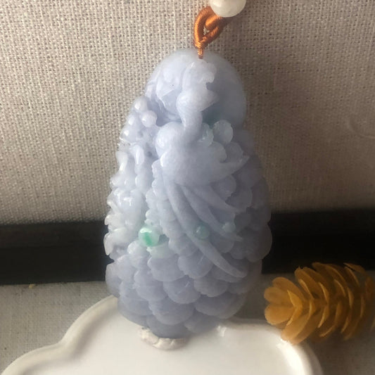 80mm  Glossy Lavender Jadeite Jade Carved Peacock Pendant