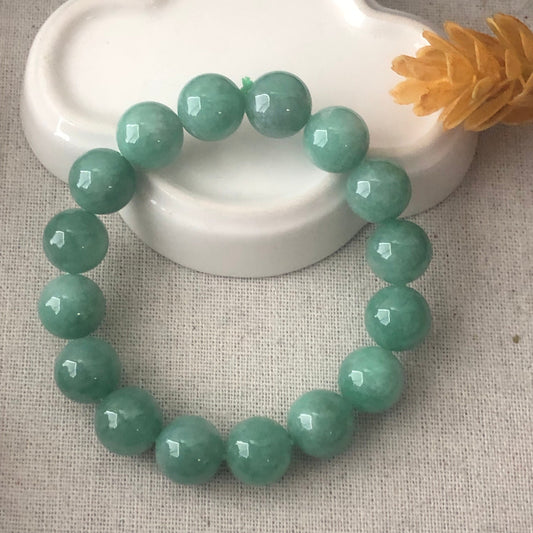 12.3mm Glossy Moist Green Jadeite Jade Bead Bracelet
