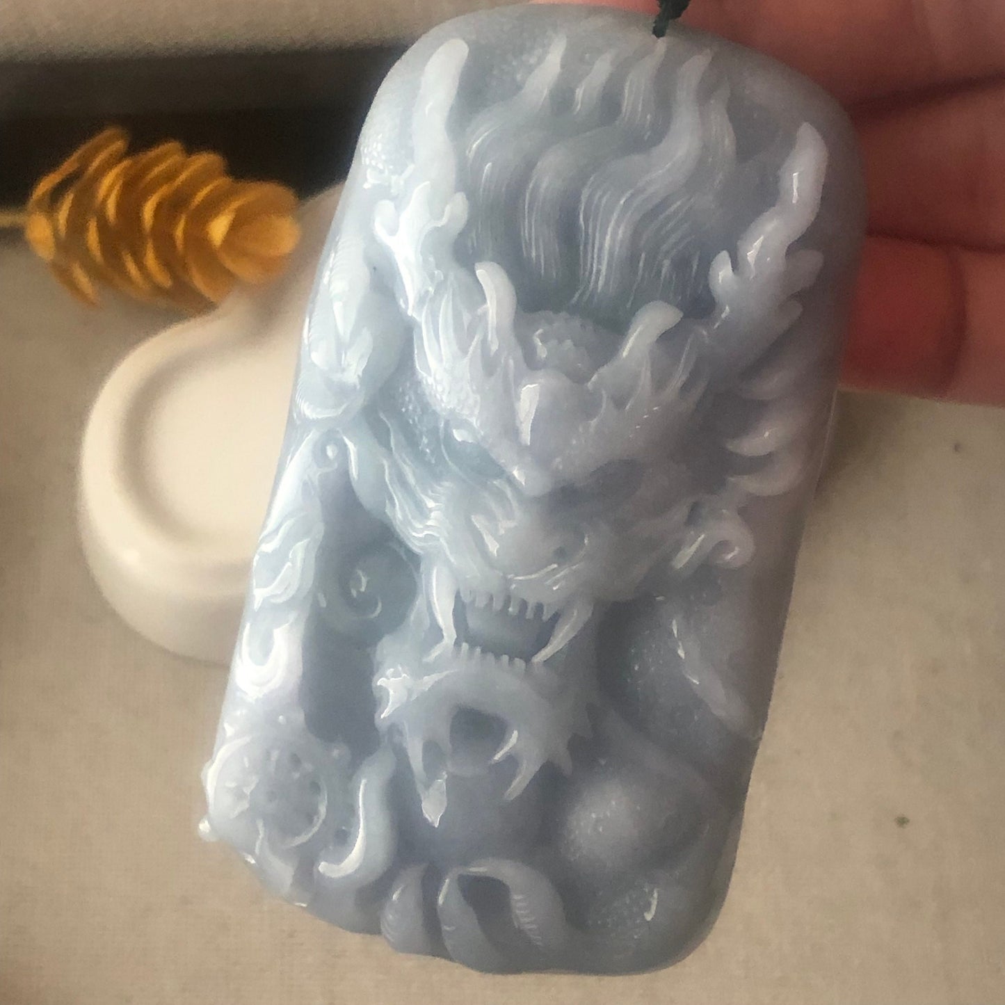 78mm Jadeite Jade Icy Lavender Blue carved dragon Pendant