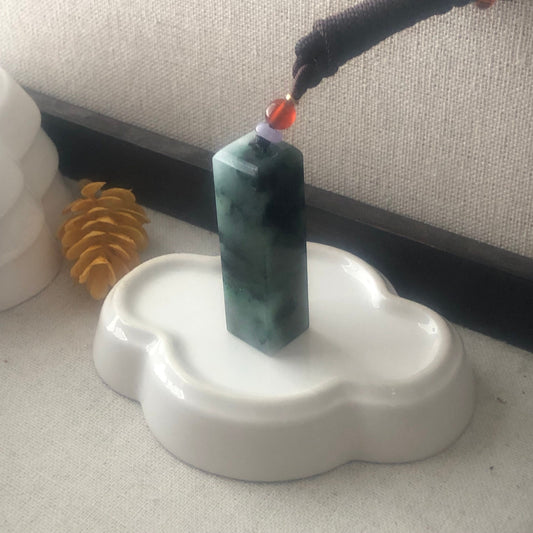 49mm Jadeite Jade Wuji Green Float Flowers Statue Display Stamp Pendant