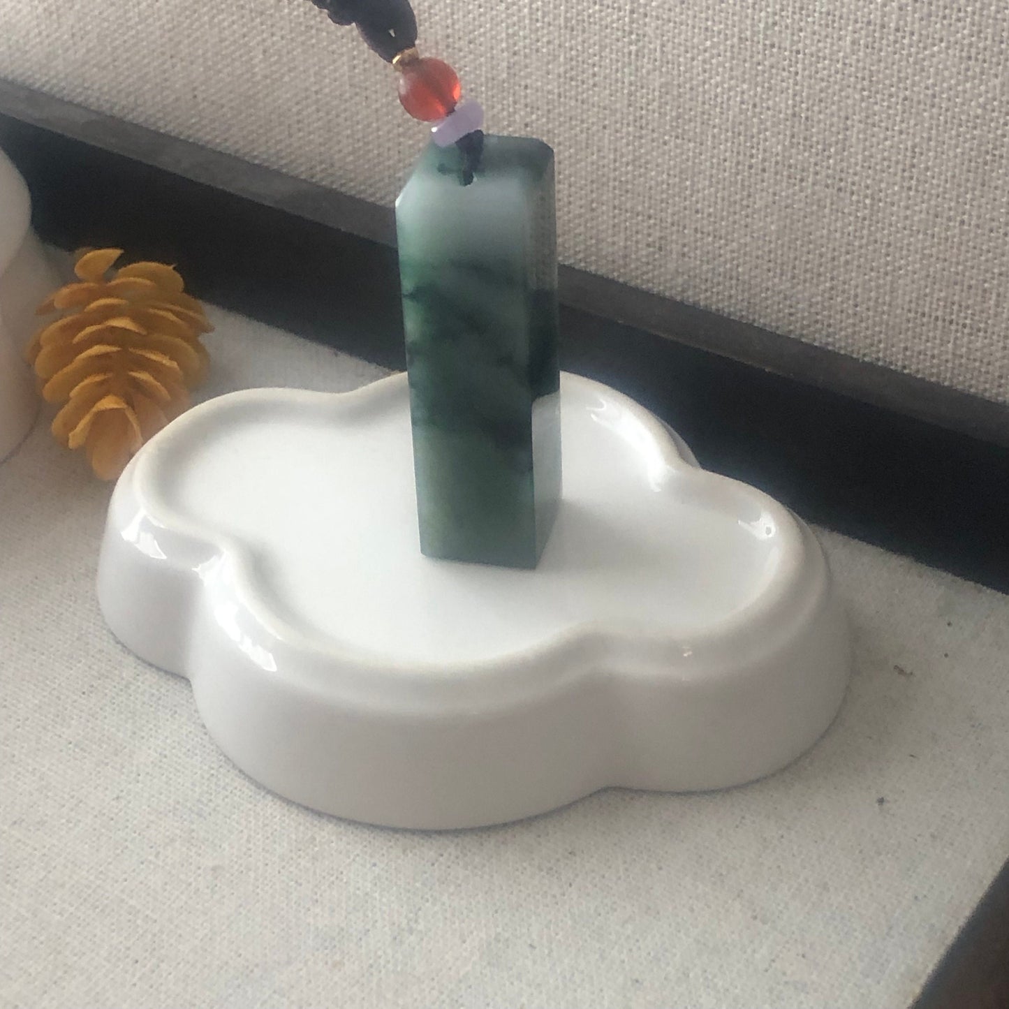 49mm Jadeite Jade Wuji Green Float Flowers Statue Display Stamp Pendant