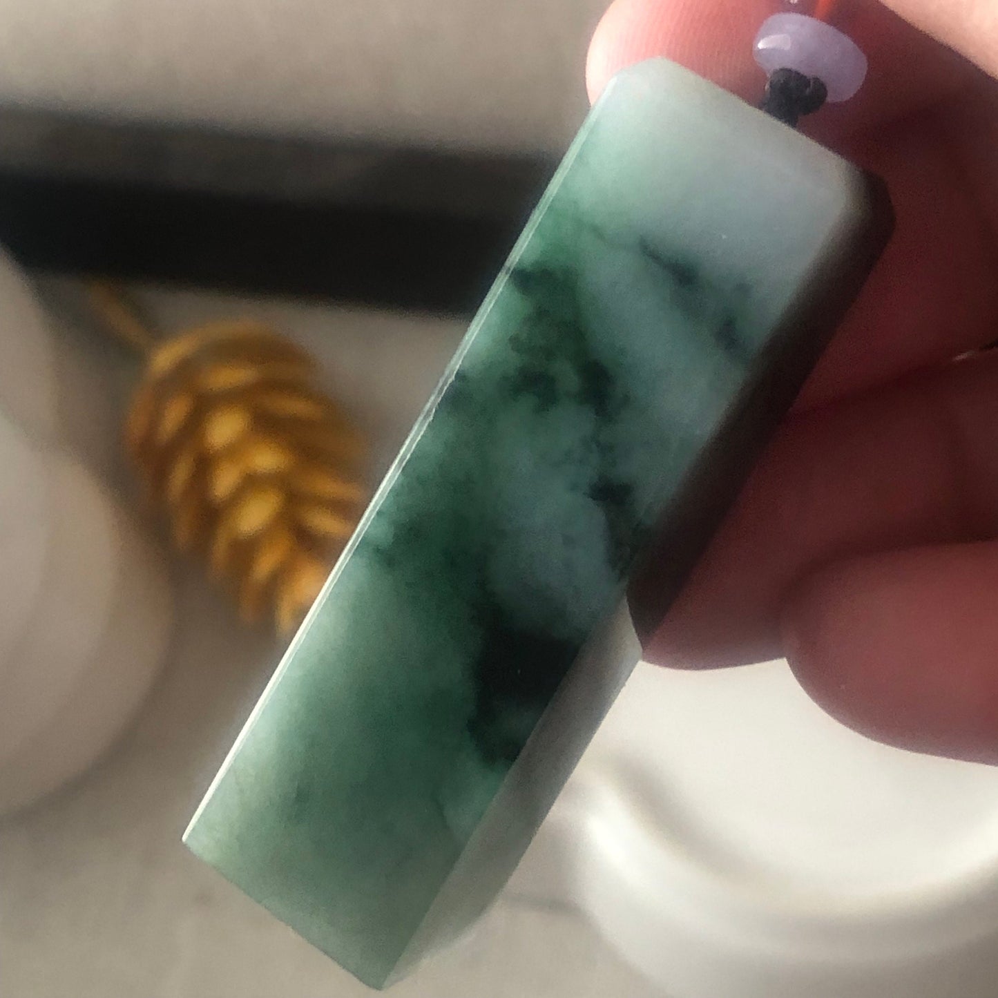 49mm Jadeite Jade Wuji Green Float Flowers Statue Display Stamp Pendant