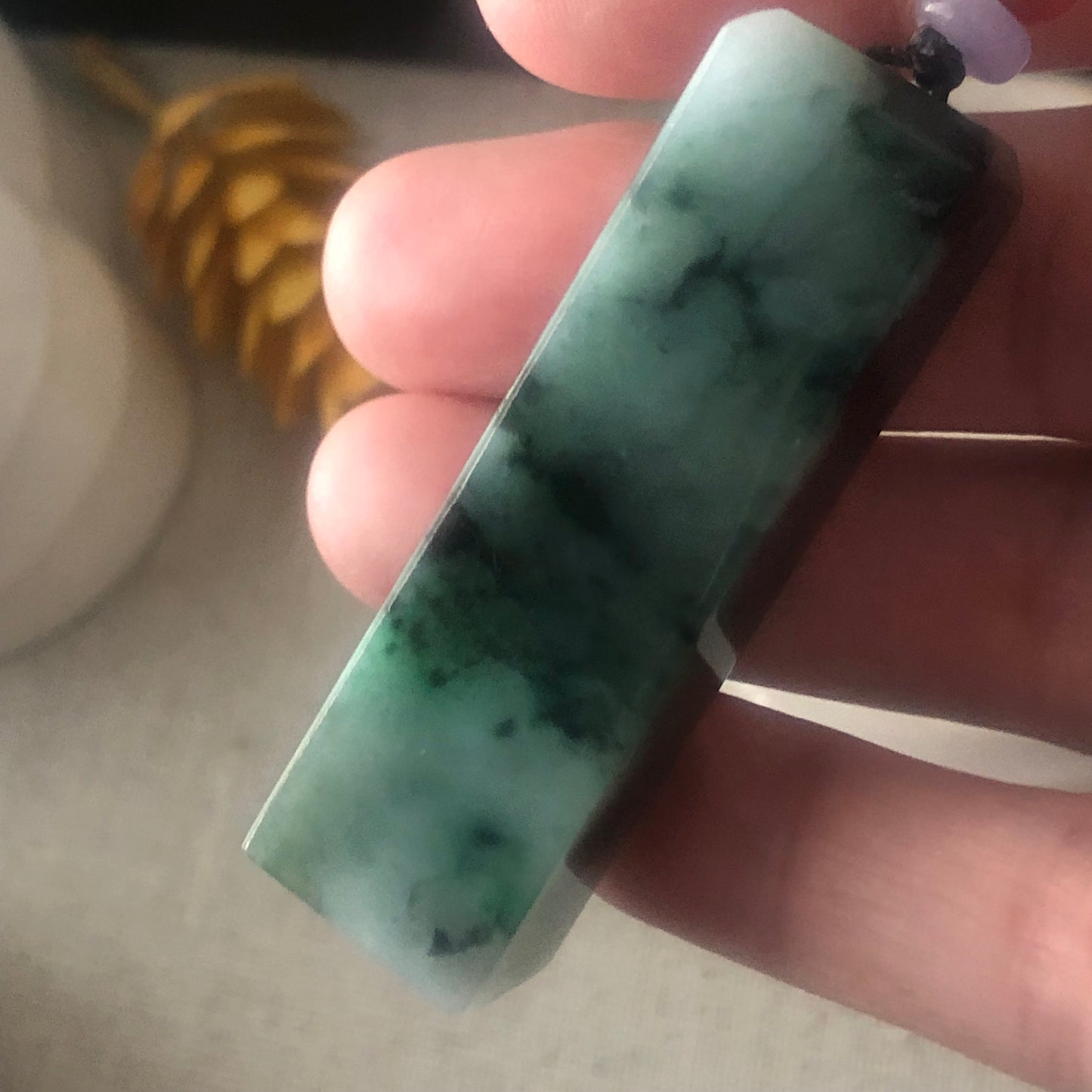 49mm Jadeite Jade Wuji Green Float Flowers Statue Display Stamp Pendant