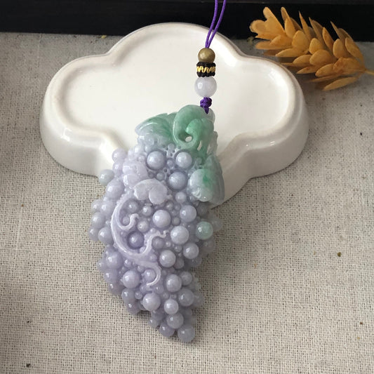 70mm Lavender Green Jadeite Jade Carved Grape On the Vine Hand Display with Cord