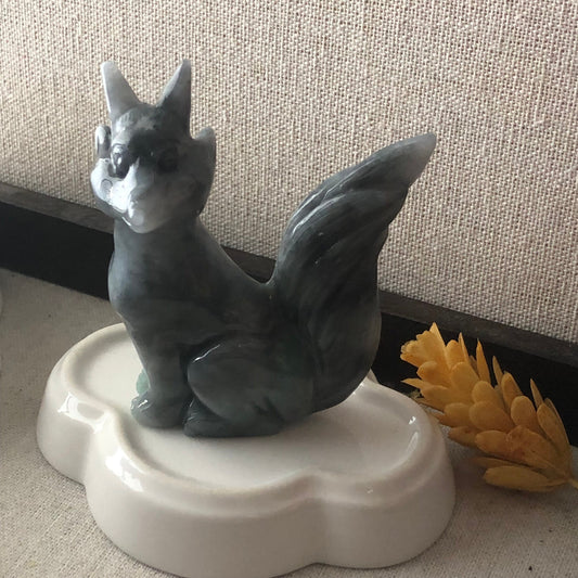 77mm Wuji Green Jadeite Jade Carved Foxtail Kitsune Display Statue