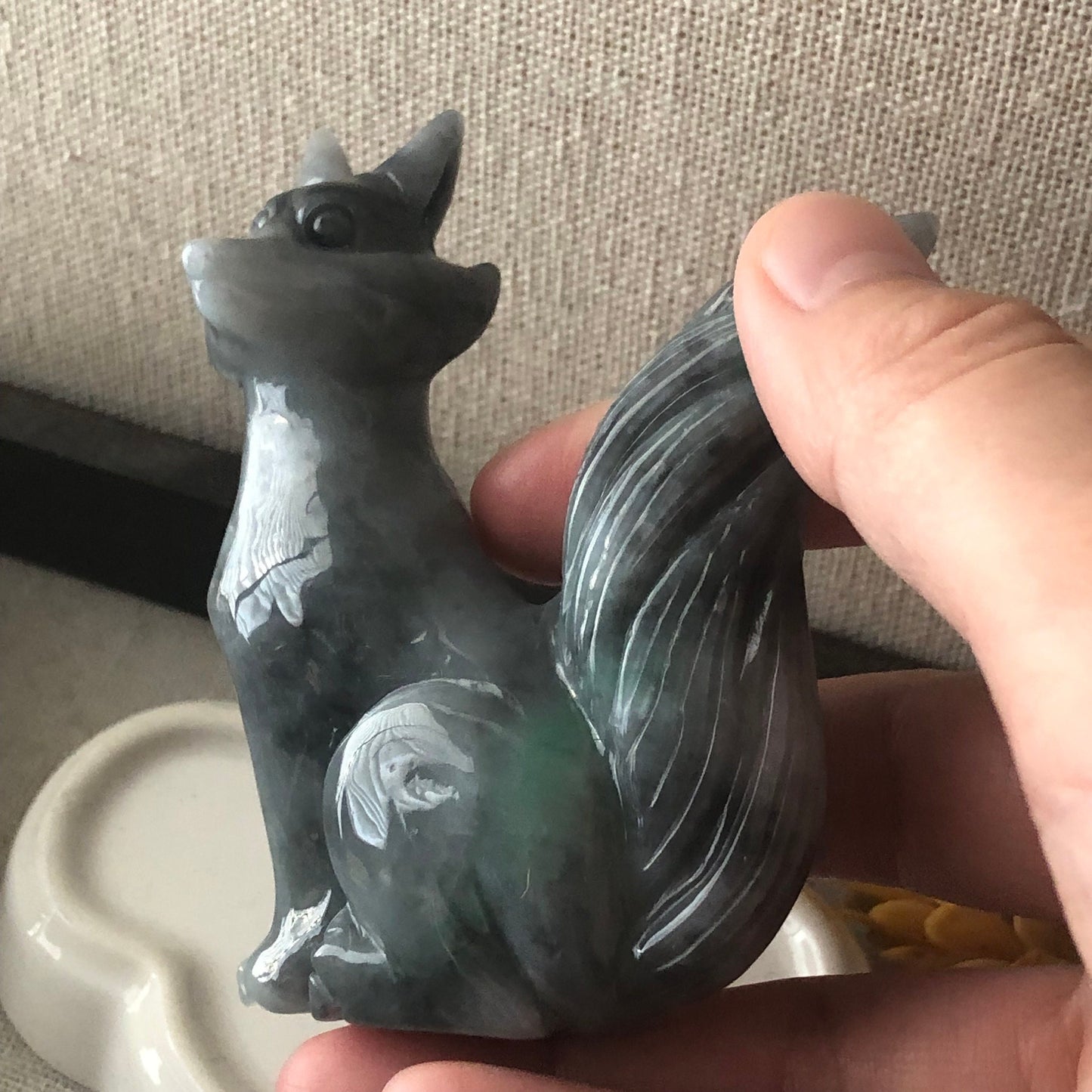 77mm Wuji Green Jadeite Jade Carved Foxtail Kitsune Display Statue