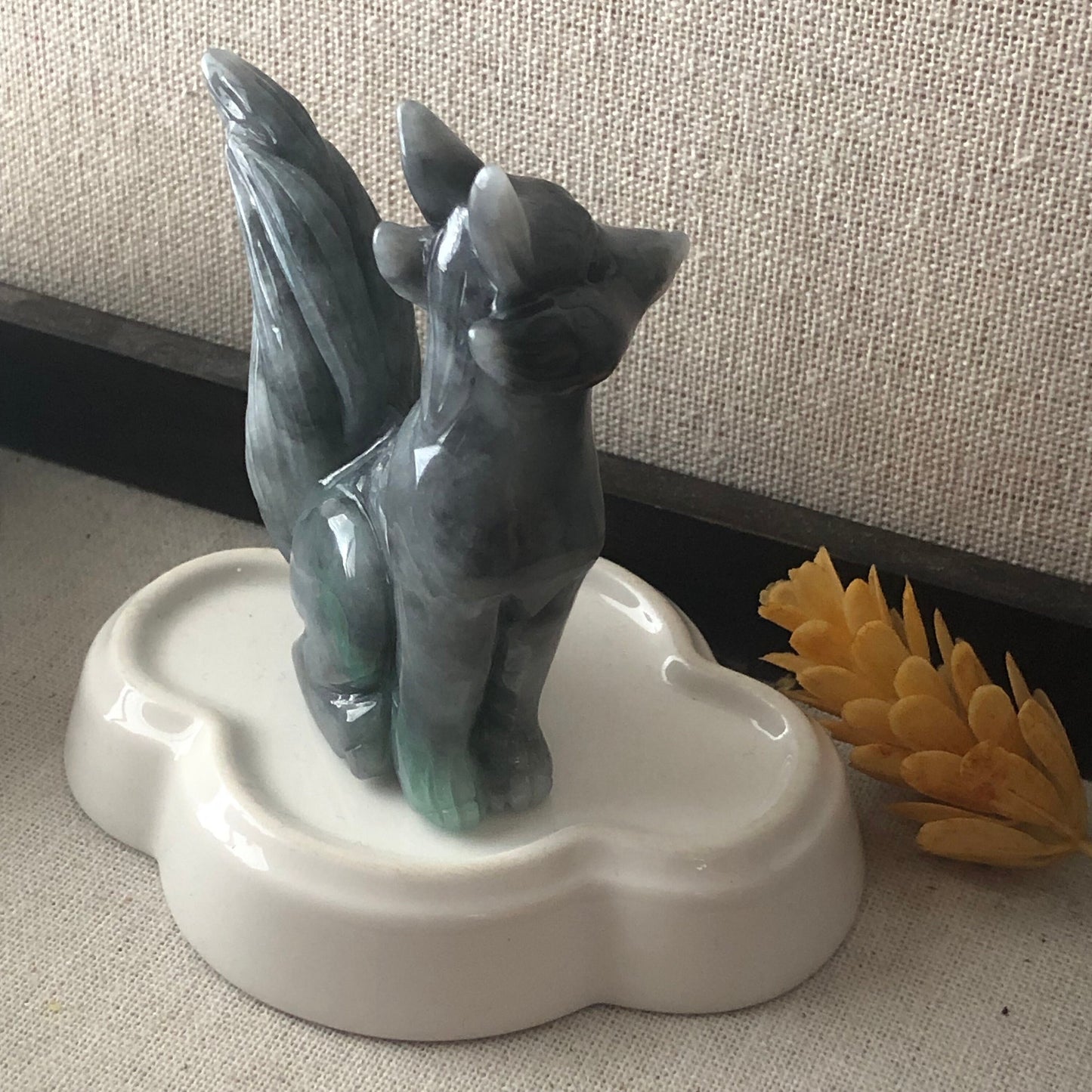 77mm Wuji Green Jadeite Jade Carved Foxtail Kitsune Display Statue