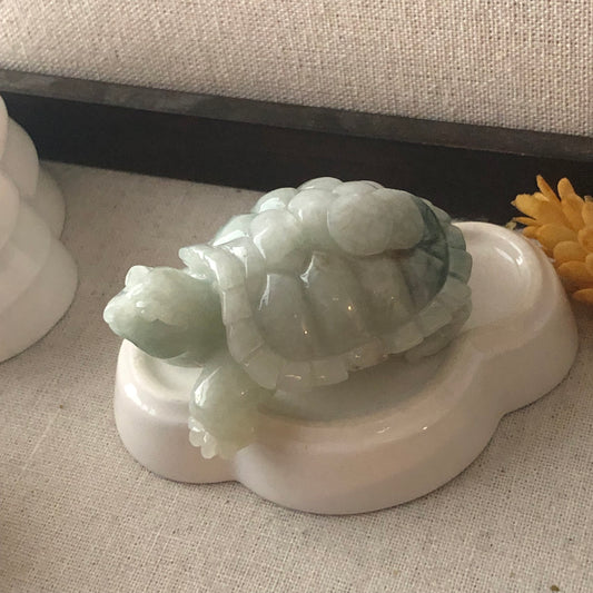 60.9mm Green White Jadeite Jade Carved Turtle Display Statue