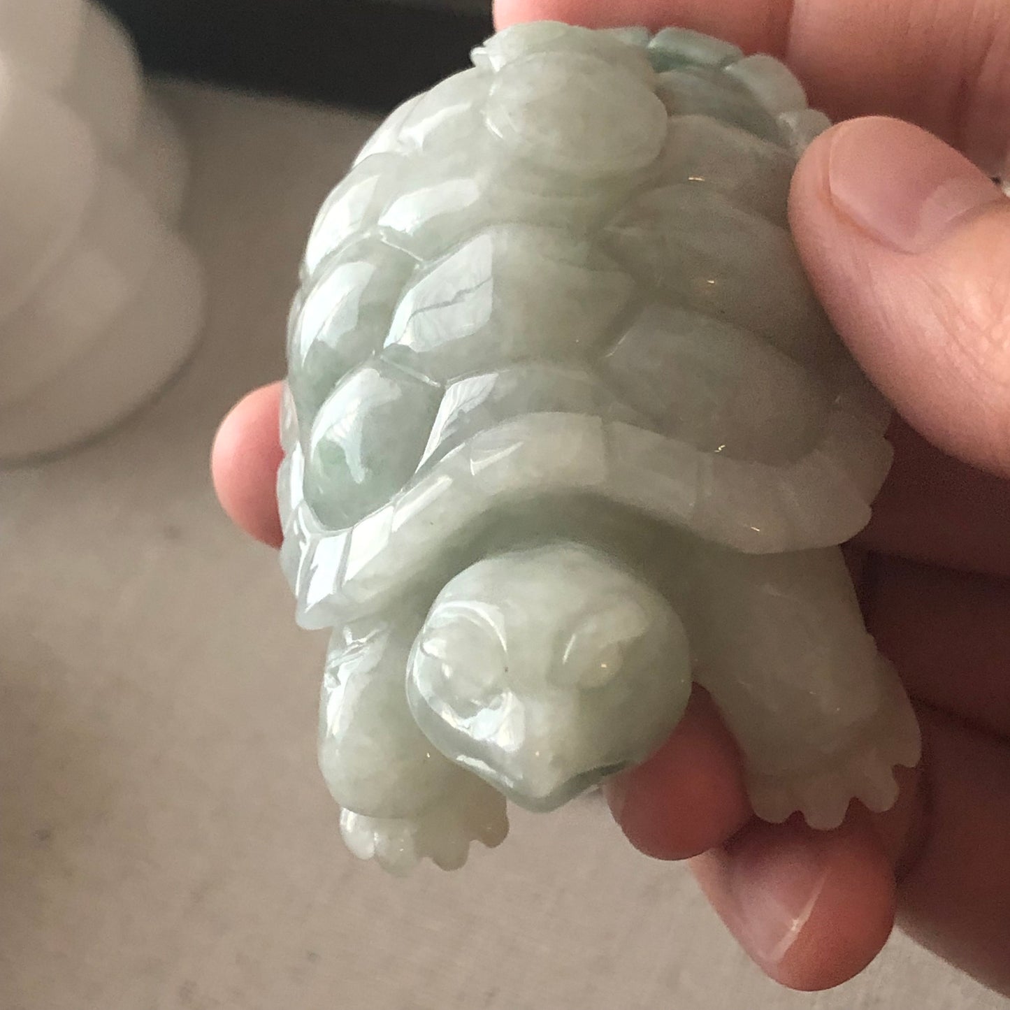 60.9mm Green White Jadeite Jade Carved Turtle Display Statue