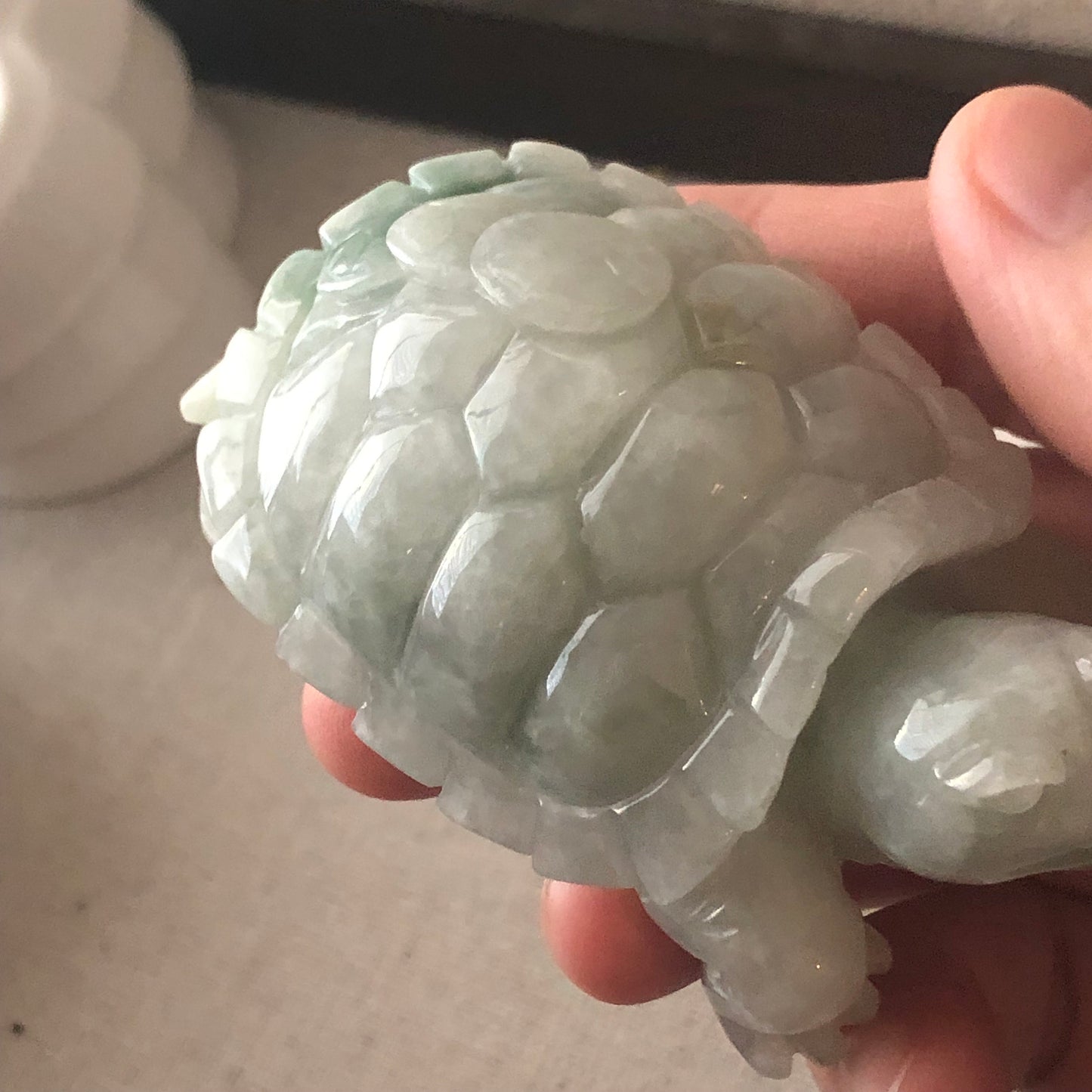 60.9mm Green White Jadeite Jade Carved Turtle Display Statue