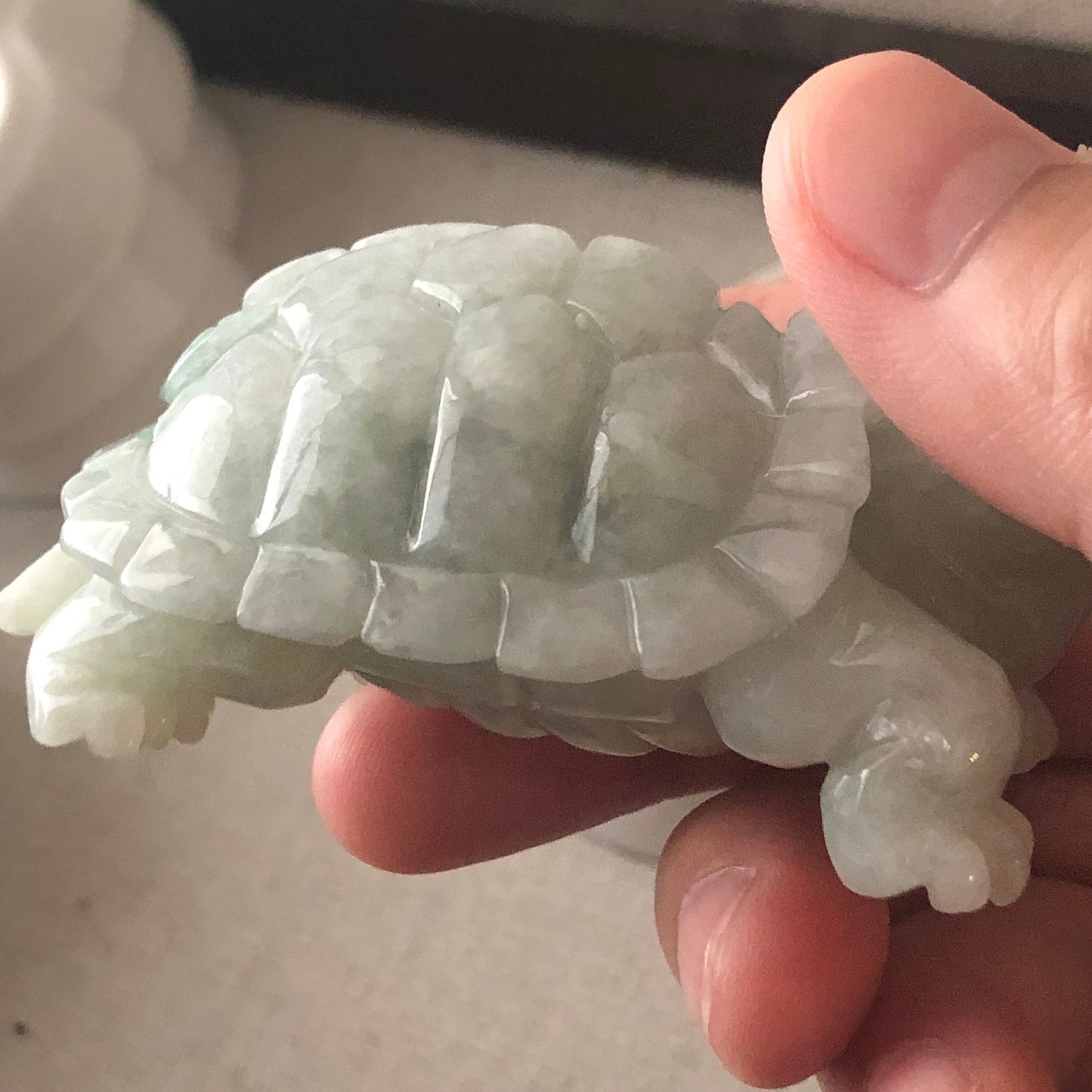 60.9mm Green White Jadeite Jade Carved Turtle Display Statue