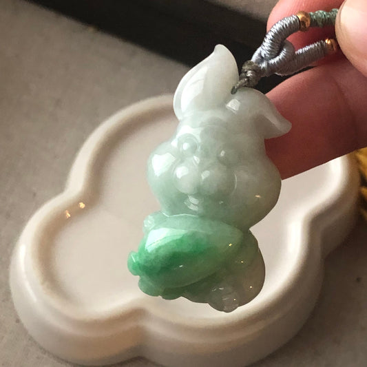 41mm Icy Glossy Green Bunny Jadeite Jade Carved Rabbit Pendant