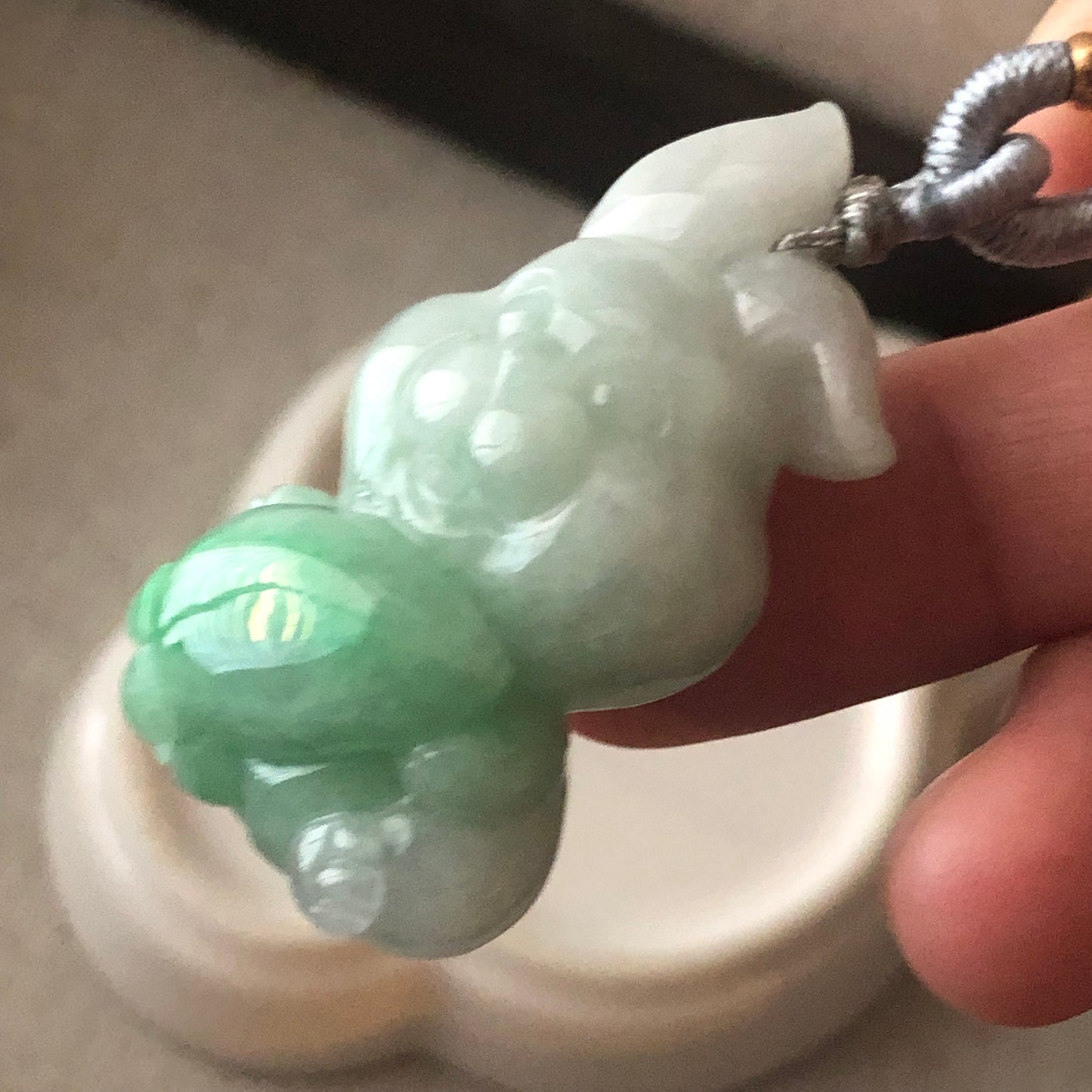 41mm Icy Glossy Green Bunny Jadeite Jade Carved Rabbit Pendant