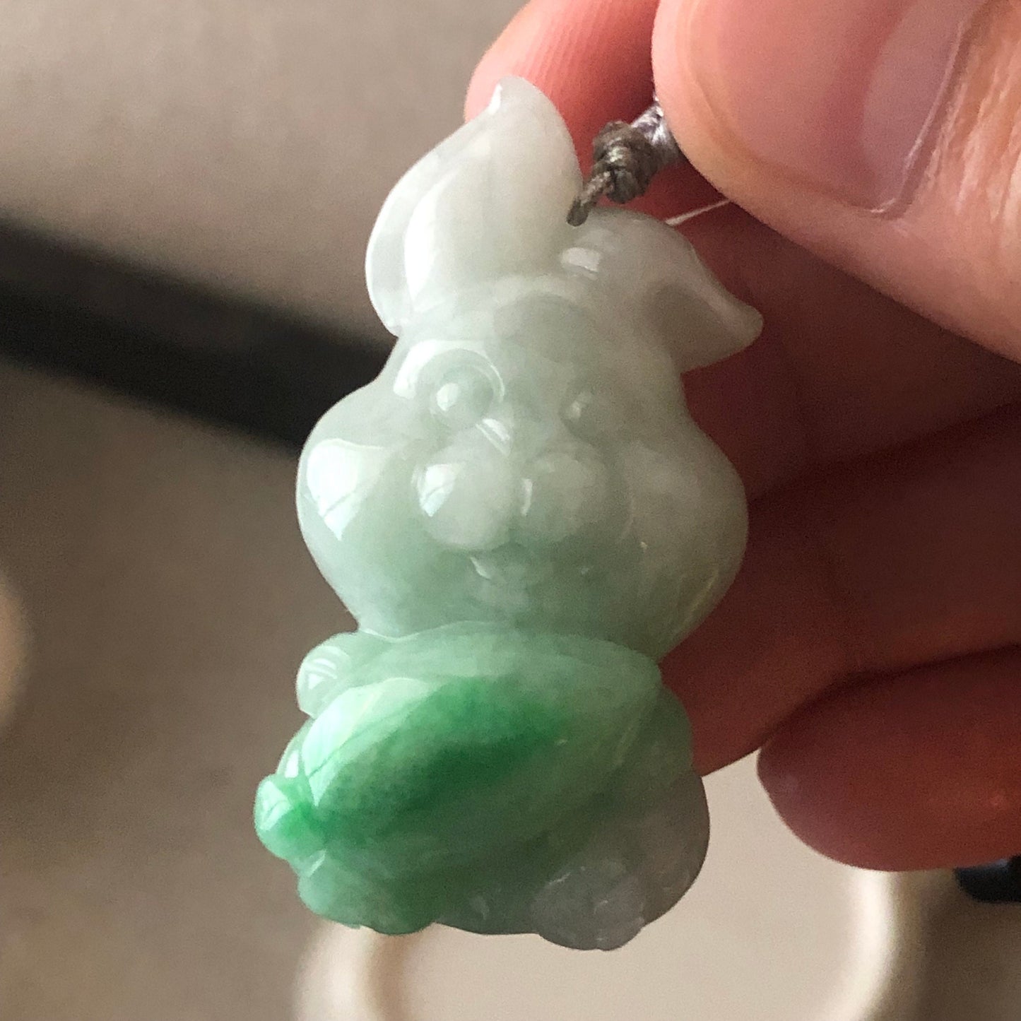 41mm Icy Glossy Green Bunny Jadeite Jade Carved Rabbit Pendant