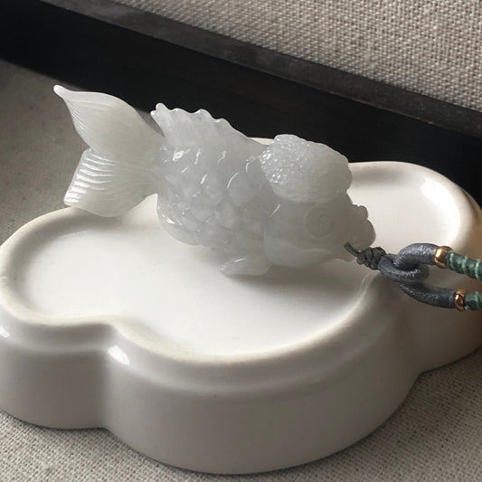 55.3 Icy Glossy White Jadeite Jade Carved Goldfish Pendant