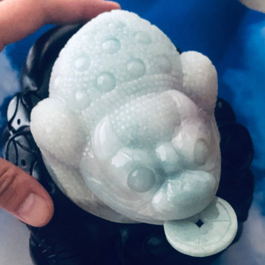 96mm Sky Blue Green Jadeite Jade Carved Three Legged Toad Display Statue